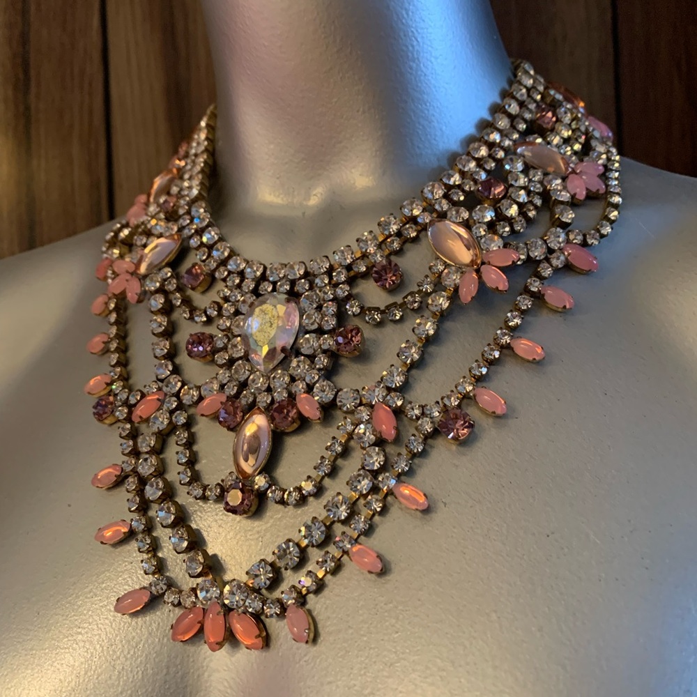 1950s Bijoux MG rhinestone showgirl bib necklace and earring set in pink/clear